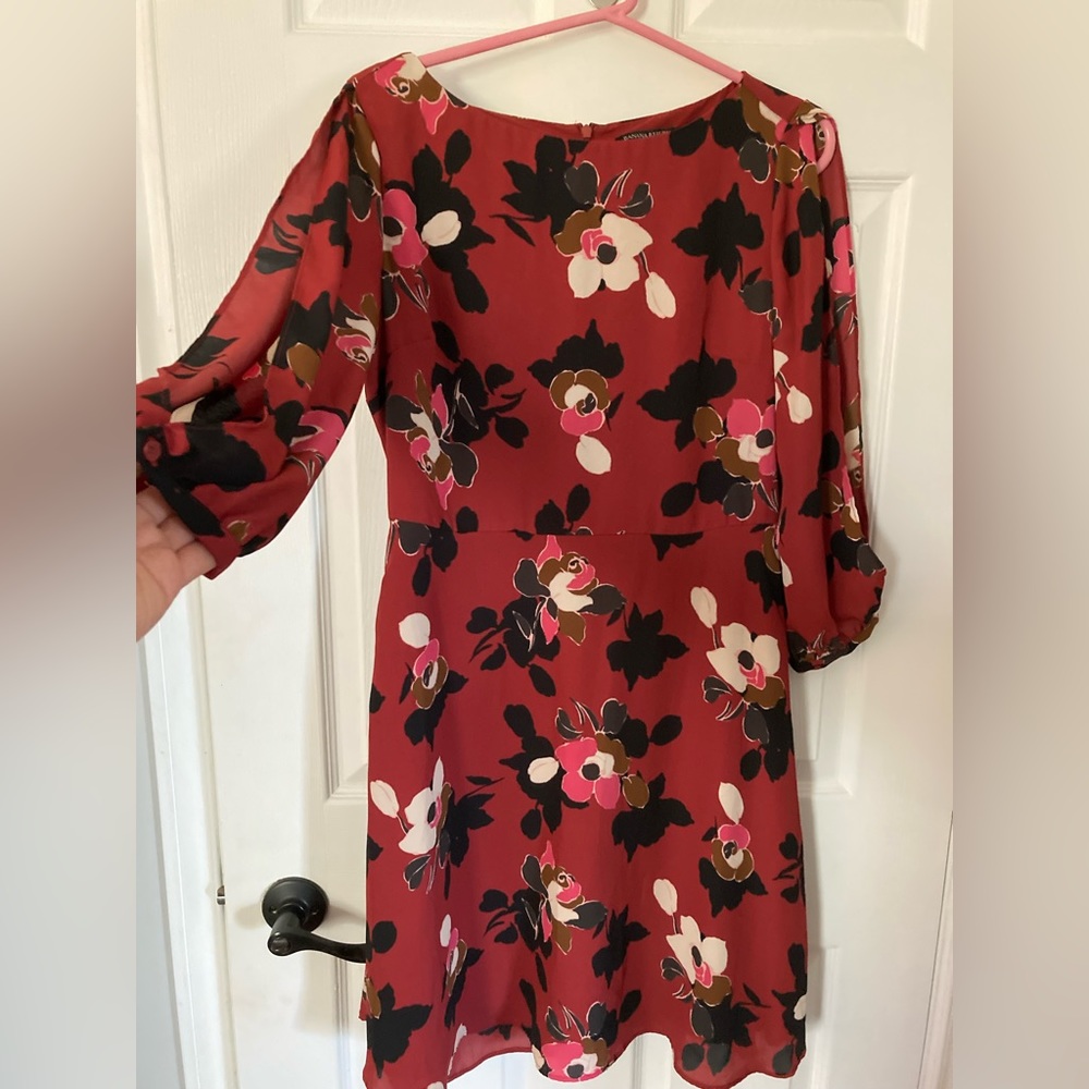 Floral Red Long-Sleeve A-Line Dress